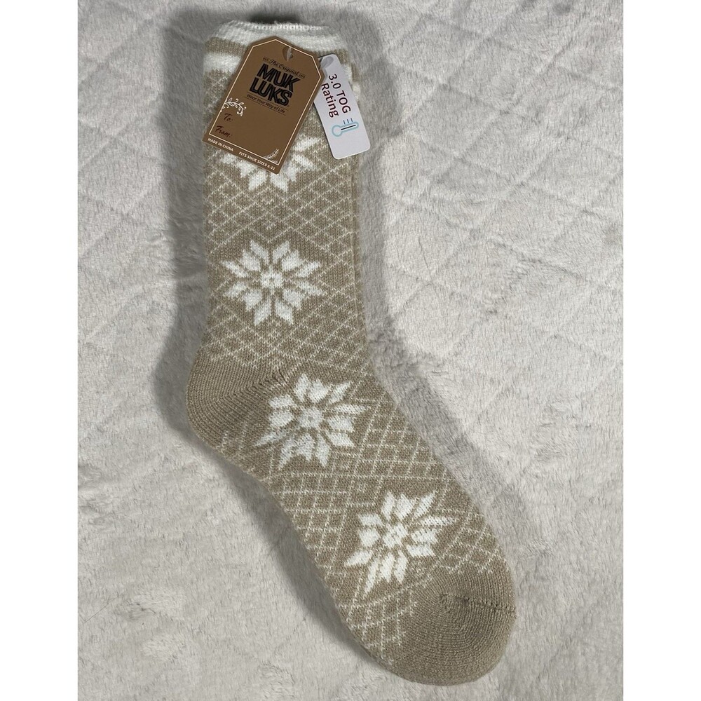 Muk Luks Women’s Snowflake Socks CabinCore Holiday Gift Tan White Cozy Soft NWT